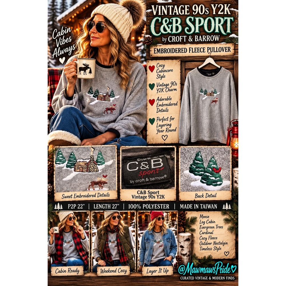 Vintage 90s Y2K C&B Croft Barrow Moose Cabin Embroidered Fleece Pullover M